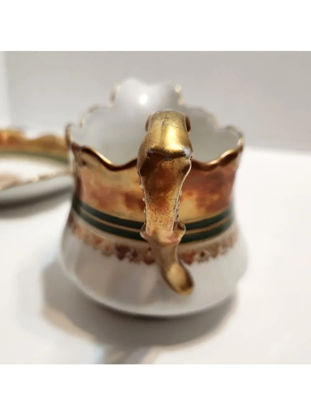 Antique Limoges France B&H Gold Green Trim Porcelain Gravy Boat Underplate READ
